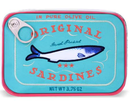 The Blue Dog Posters Sardine Tin Bag in teal with pink trim features a sardine tin design, fish illustration, pull tab detail, and "Net wt 3.75 oz" text—perfect for carrying in your small bag or as a unique sardine-themed accessory.