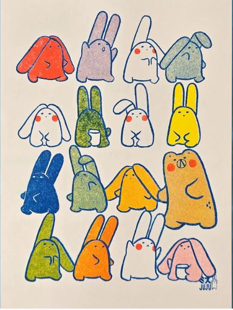 Technicolour Bunnies Riso Print by Misu-Juju – Blue Dog Posters