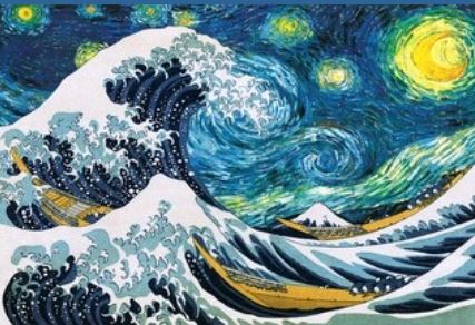 ART 037's "The Great wave at Night" art poster features boats and Mount Fuji in a Kanagawa-style wave, fused with a Van Gogh-inspired starry night sky on premium 150gsm gloss paper.