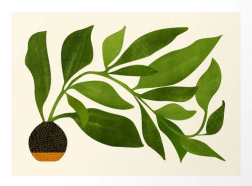 The Wanderer by Modern Topical from GAL147 features a modern plant with pointed leaves in a round black pot with an orange stripe, set against a light background. It's captured on premium matte art paper for an elegant finish.