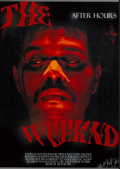 A striking red-tinted "The Weeknd" A3 poster by Blue Dog Posters features his face with a nosebleed, bold red text, and song lyrics, printed on high quality satin paper for fans of the "After Hours" album.