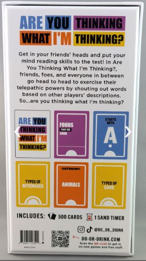 The back of the Are You Thinking What I'm Thinking? box by Blue Dog Posters displays vibrant text, sample cards, and a short party game description. It lists 500 cards and a sand timer as contents, with social media details at the bottom.