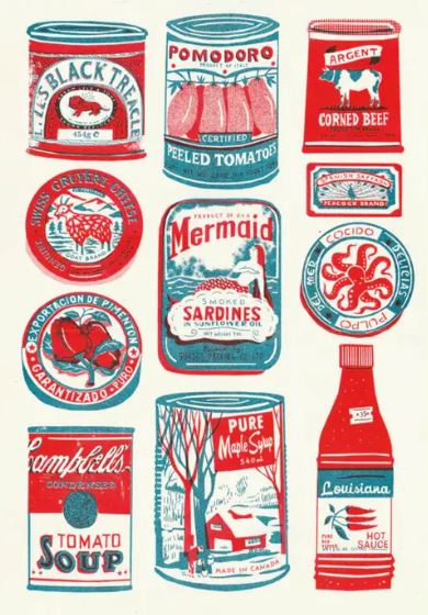 The "Tins Riso Print by Prited Peanut" from Blue Dog Posters showcases a vintage-style illustration of various food cans and bottles, such as corned beef, peeled tomatoes, chili powder, sardines, tomato soup, maple syrup, and hot sauce. The labels are vibrantly colored in red, blue, and white and are printed using eco-friendly inks on recycled white card.