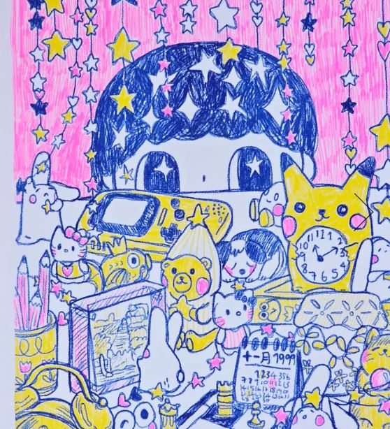 Tiny Museum Riso Print by Misu Juju from Blue Dog Posters features a child with starry hair above a table of toys, books, and clocks on a bright pink background with yellow stars and moons—ideal as an A4 art print.