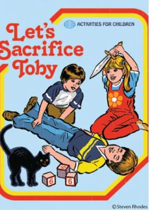 A retro-style illustration on the Lets Sacrifice Toby Magnet by Blue Dog Posters shows kids with a toy sword, a black cat, and numbered blocks. The text reads "Let's Sacrifice Toby"—a cheeky gift for fans of quirky humor!.