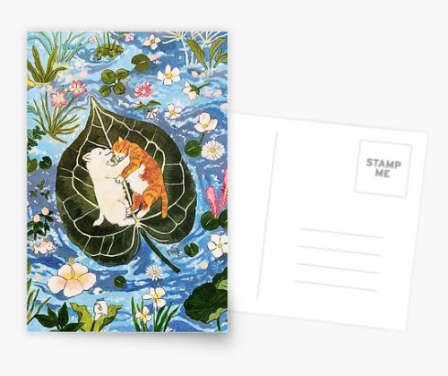 The Together- Mosla Postcard by Blue Dog Posters features two cats, one white and one orange, cuddling on a leaf in a blue pond with flowers and lily pads. Blank reverse for your message—ideal for any Cards Collection or decorating small spaces.