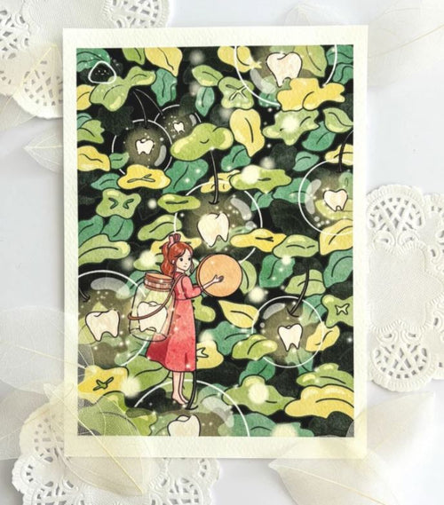 The Tooth Fairy X Arriety postcard by Plain Rice Studios (Blue Dog Posters) features watercolor art of a girl in a red dress with a jar and wand, surrounded by leaves, glowing orbs, floating teeth, and lace details in the background.