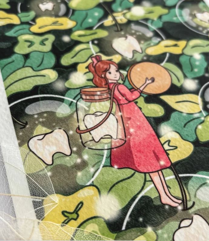 “Tooth Fairy X Arriety by Plain Rice Studios, from Blue Dog Posters: A digital art print of a girl in a red dress holding a giant coin and jar of teeth, surrounded by floating teeth, leafy greenery, and sparkling light effects.”.
