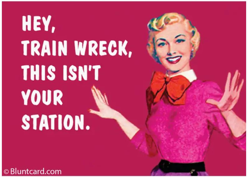 The Train Wreck Magnet by Blue Dog Posters features a retro woman in a pink dress and red bow with the phrase, "Hey, train wreck, this isn't your station." A hilarious fridge magnet and perfect conversation starter.