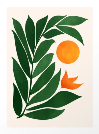 This "Tropical Forest Sunset" print by GAL 150 showcases stylized green leaves curving around an orange circle and flower shape on a cream background, ideal for fans of Modern Tropical and Plant Themed Art.