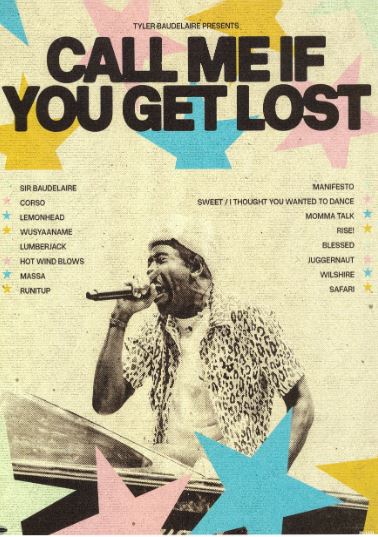 A grainy, vintage-style A3 music poster by Blue Dog Posters features Tyler the Creator in a leopard-print shirt with "Call Me If You Get Lost" and song titles on vibrant stars—ideal for satin paper prints.