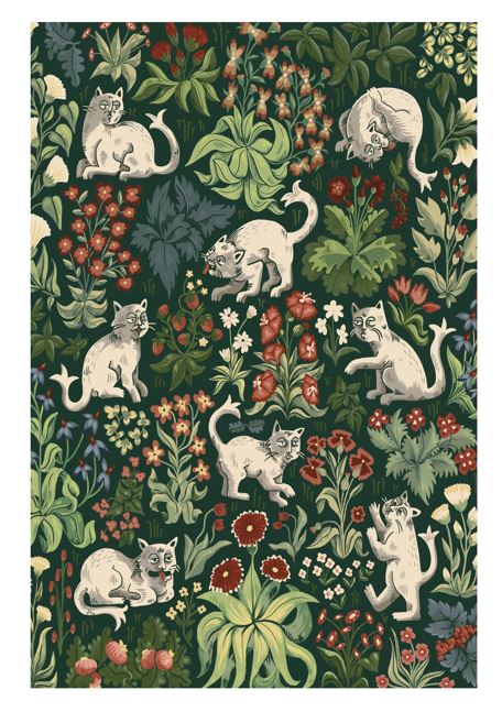 Ugly Medieval Cats by Littleclyde: whimsical white cats in vibrant florals and greenery on a dark vintage backdrop. A3 art print from Blue Dog Posters' Featured Artist Collection.