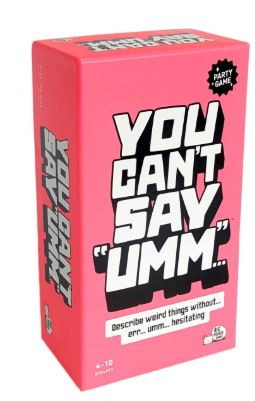 A vibrant pink box by Blue Dog Posters for the team board game "You Can't Say Umm." Recommended for ages 10+, it stands upright and challenges you to describe odd things—without saying "umm" or hesitating!.