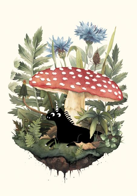 Tiny Unicorn by Littleclyde from Blue Dog Posters features a black unicorn with a white horn resting under a red and white mushroom, surrounded by lush greenery and blue flowers. This enchanting scene is available as a vibrant A3 print.