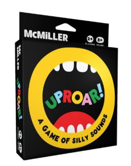 A black game box for "Uproar" by Blue Dog Posters features a big cartoon open mouth with "UPROAR!" in colorful letters. It's a hilarious card and party word game for 2+ players, ages 8 and up.