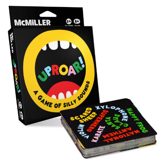 Uproar by Blue Dog Posters is a fun party word game for ages 8+, featuring colorful cards like "Scared Sheep" and "Xylophone" and a vibrant box with a wide open shouting mouth.
