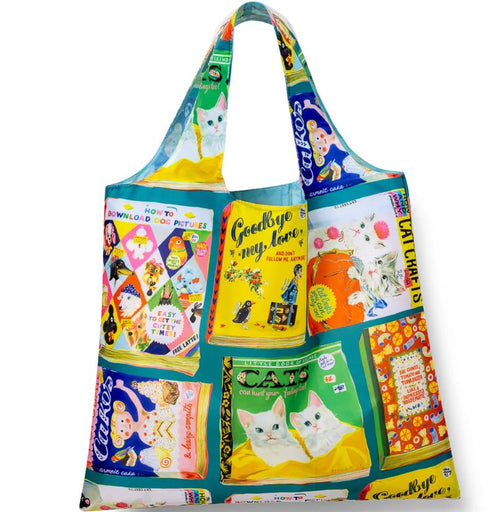 The Useless Books Art Sack by Blue Dog Posters is a recycled rPET tote with wide handles, machine washable, and features playful cats and vintage book cover art for a fun, eclectic look.