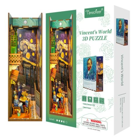 The Blue Dog Posters Vincent's World Book Nook Tonecheer kit lets you build a colorful, van Gogh-inspired scene with a Starry Night sky, cozy café, and vibrant details. The puzzle box is displayed on the right.