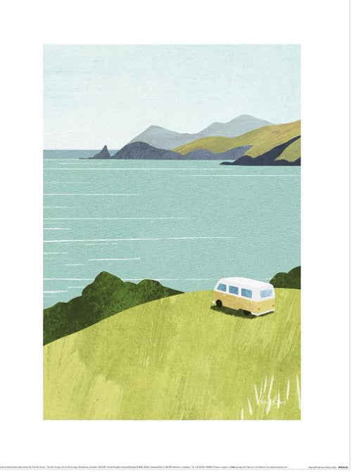 The Henry Rivers (Van Life) by GAL220 showcases a vintage camper van on a grassy hill overlooking a serene sea, with rolling hills and rocky cliffs in the distance under a pale blue sky. Ideal as an art print for peaceful coastal decor, perfect for matte art paper.