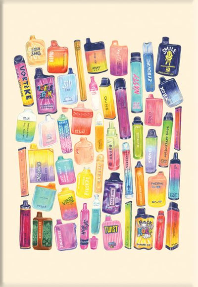 50 Up: Vapes by Amy Blue" by fap is a vibrant art print displaying an array of disposable vape pens and e-cigarettes, each with distinct designs, arranged in a dynamic grid as part of the Featured Artists Collection.
