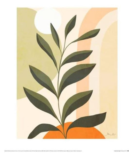 The "Earthy Tropical Foliage I" art print by D Vari from GAL259 features a minimalist leafy plant with an abstract sun and curved shapes in beige, peach, and orange—ideal for modern decor.