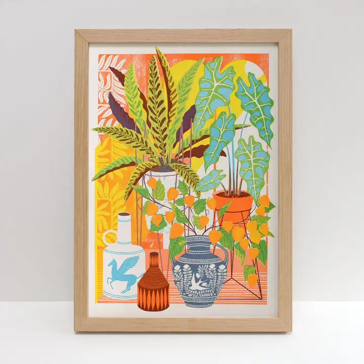 The Vessels Riso Print by Printer Johnson from Blue Dog Posters features vibrant potted plants and vases, including a blue pegasus vase, on a bright patterned background—Risograph printed with eco-friendly soy inks.