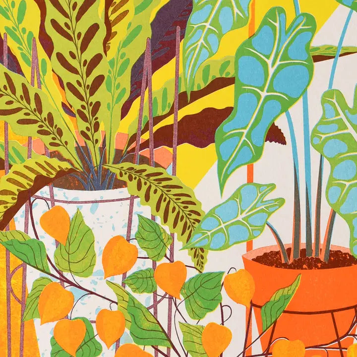 The Vessels Riso Print by Printer Johnson from Blue Dog Posters features vibrant green houseplants with large leaves and orange, lantern-shaped fruits. Printed using eco-friendly soy inks, it showcases lush foliage in a lively, energetic style.