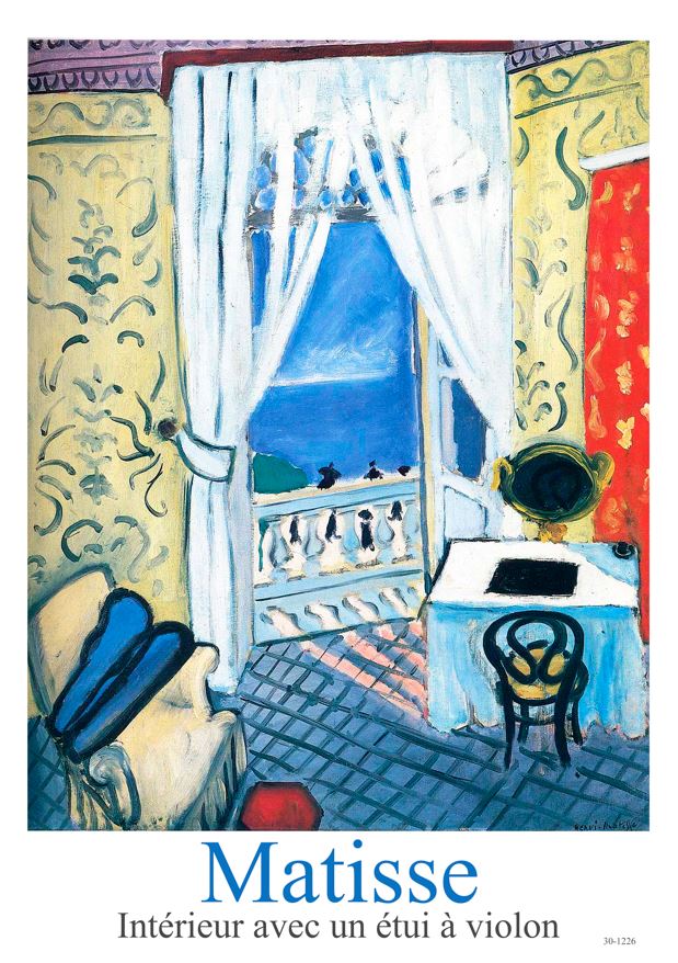 Interrieur avec un etui a violon by Henri Matisse: A3 Classic Art Poster on premium Satin Paper. Features a bright room with open window to blue sea, white curtains, blue armchair, table with mirror, and violin case on patterned floor.