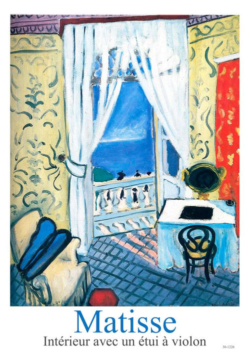 Interrieur avec un etui a violon by Henri Matisse: A3 Classic Art Poster on premium Satin Paper. Features a bright room with open window to blue sea, white curtains, blue armchair, table with mirror, and violin case on patterned floor.