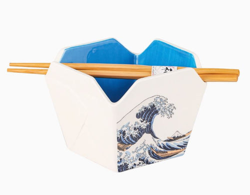 The Takeout Box Serving Bowl With Chopsticks WAVE by Blue Dog Posters features a wave-inspired print, blue interior, and comes with wooden chopsticks resting on top; it's microwave safe for added convenience.