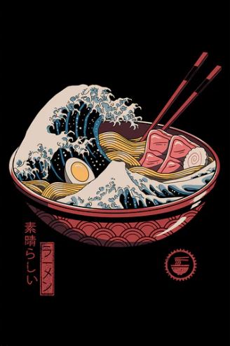 Vincent Trinidad's "Great Ramen Wave" by ART 050 features ramen noodles, egg, pork, and fish cake with waves styled like "The Great Wave off Kanagawa," Mount Fuji, chopsticks, and Japanese text—an ideal Art & Decor Poster for any space.
