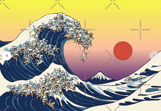 The Great Wave of Cat by Huebucket (GAL15) features a wave of cartoon cats, a red sun, and Mount Fuji under a vibrant sky—part of our Gallery Series and printed on premium archival paper.