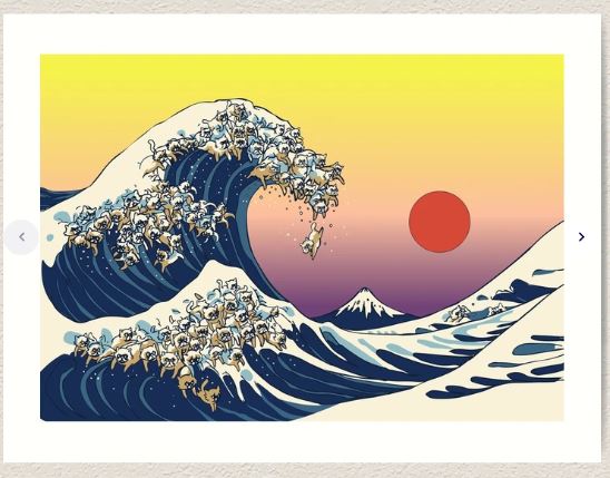 The Great Wave of Cat by Huebucket for GAL15 features a wave of cats inspired by "The Great Wave off Kanagawa," with Mount Fuji and a red sun on a gradient sky—part of our Gallery Series Art Print on archival paper.