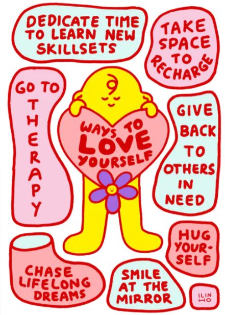 Ways to Love Yourself Archival Print by Inner Baby from Blue Dog Posters features a yellow figure holding a heart with self-care tips like recharge, hug yourself, and smile at the mirror—an inspiring and colorful art print to brighten any space.