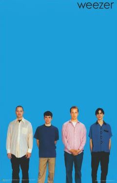 The MUS 307 "Weezer" premium gloss poster shows four men in casual shirts standing side by side on a bright blue background, with "weezer" in black lowercase letters at the top right, each looking directly at the camera.