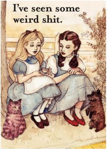 The "I've Seen Some Weird Shit" Bumper Sticker by Blue Dog Posters features two girls in old-fashioned dresses with a cat and dog nearby. One girl sips tea under the bold, funny text—a perfect sarcastic accessory for your car or laptop!.