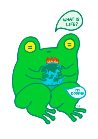 What is Life Frog Archival Print by Inner Baby from Blue Dog Posters features a green cartoon frog with yellow eyes hugging a burning Earth and asking, "What is life?"—perfect quirky decor for Melbourne wall art lovers seeking unique, thought-provoking pieces.