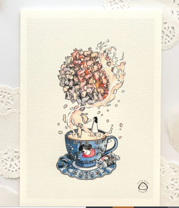White Rabbit by Plain Rice Studios from Blue Dog Posters features a dreamy blue teacup with a sleeping cat atop a saucer, where tea steam swirls into whimsical animal faces in magical watercolor-meets-digital art.