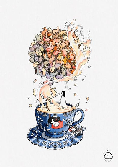 White Rabbit by Plain Rice Studios from Blue Dog Posters features a whimsical watercolor of a girl in an Asian-inspired teacup adorned with cute animals, as colorful creatures and shapes swirl above.