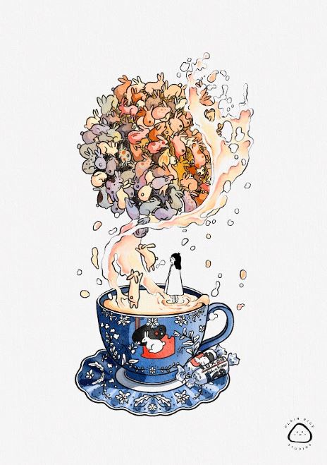 White Rabbit by Plain Rice Studios from Blue Dog Posters features a whimsical watercolor of a girl in an Asian-inspired teacup adorned with cute animals, as colorful creatures and shapes swirl above.