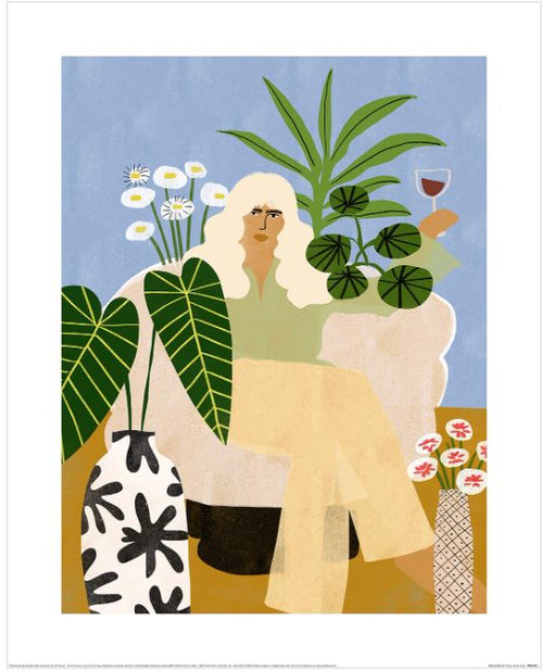 The "Alja Horvat (Wine & Plants)" print by GAL215 shows a woman with long hair in an armchair, holding a wine glass. She's surrounded by lush potted plants and flowers against a light blue backdrop. Part of our exclusive decor series, it's printed on matte art paper.
