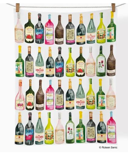 The Werkshoppe Tea Towel Wine Cellar by Blue Dog Posters features a colorful illustration of thirty uniquely labeled wine bottles, making it a vibrant, wine-themed accent for your kitchen.