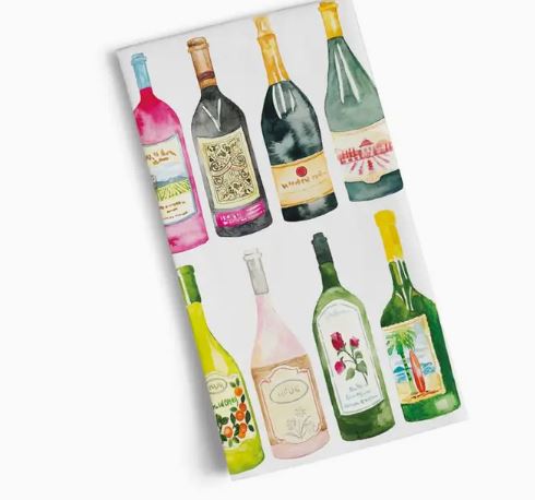 The Werkshoppe Tea Towel Wine Cellar by Blue Dog Posters features vibrant watercolor art of nine unique wine bottles with distinct labels, arranged in three rows on a white background—perfect for wine lovers’ kitchens.