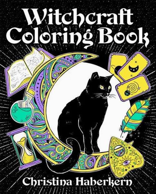 The cover of the Witchcraft Colouring Book by Blue Dog Posters shows a black cat on a crescent moon surrounded by tarot cards, potion bottles, and an open book—ideal for pop culture witch fans.