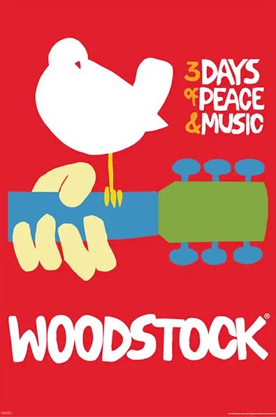 The MUS 258 "Woodstock" poster features a white bird on a blue guitar neck held by a yellow hand, with "3 DAYS OF PEACE & MUSIC" on a bold red background—an iconic piece perfect for music lovers or poster collectors.