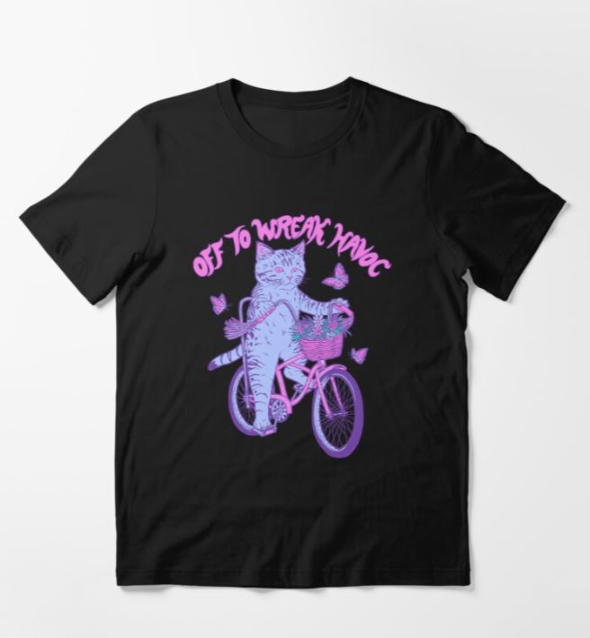 Introducing the Black Wreak Havoc T-shirt by Blue Dog Posters, available in sizes S, M, L, and XL. This distinctive Hilary White design features a cat wearing sunglasses and riding a bicycle with a basket. Three butterflies flutter around the scene, and above the cat, pink letters spell out "OFF TO WREAK HAVOC.