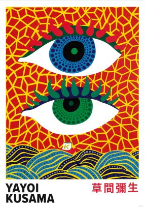Add vibrant style to your space with the "Yayoi Kusama Eyes" Japanese art poster by Blue Dog Posters—featuring two stylized eyes, bold patterns, and geometric colors. Perfect for A3 posters.