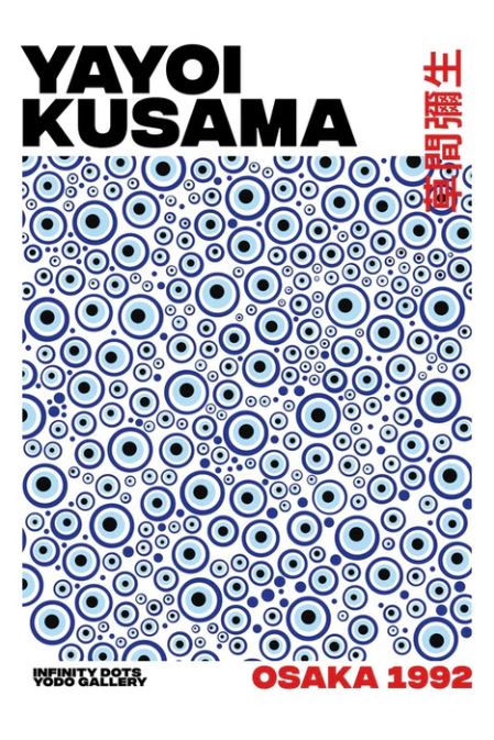 ART 008’s "Yayoi Kusama Evil Eyes" poster features bold "YAYOI KUSAMA" text, stylized blue concentric dots, red "OSAKA 1992," and vertical Japanese script—an ideal modern wall decor or large statement piece.