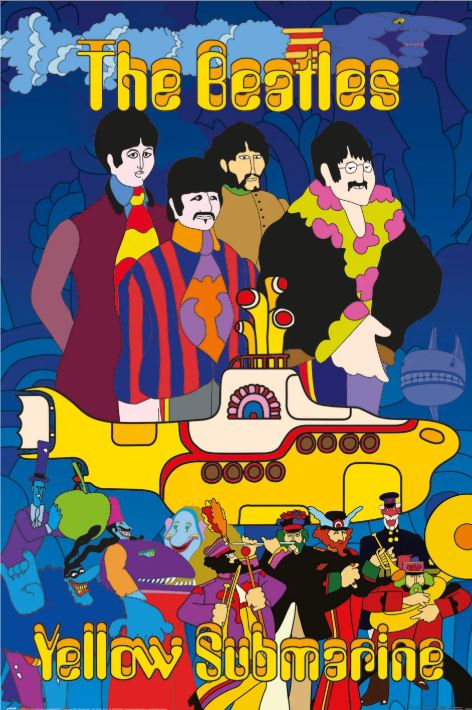 Add a vibrant touch to your music collection with the MUS 223 The Beatles Yellow Submarine poster, featuring psychedelic art of the band, a yellow submarine, and colorful abstract patterns in the background.