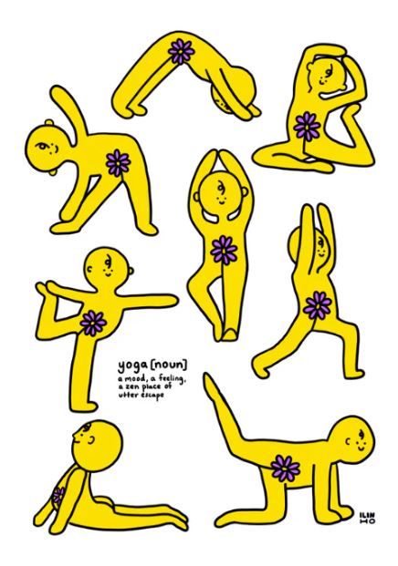Yoga A5 Archival Print by Inner Baby from Blue Dog Posters features cartoon yellow figures with purple flowers in various yoga poses, capturing the playful mood and zen spirit of yoga for your inner child.
